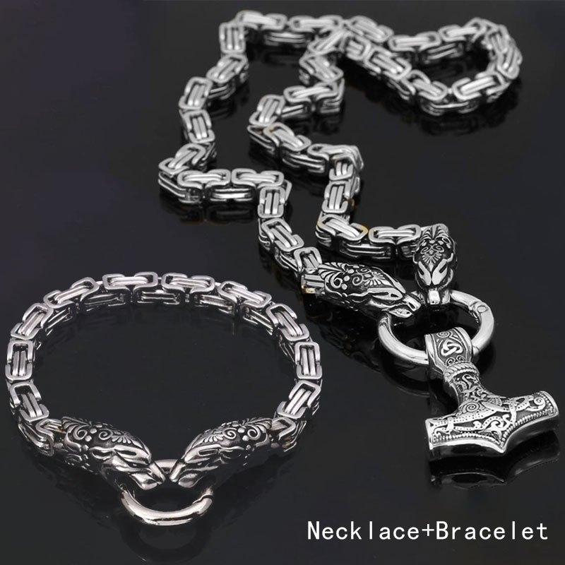 Two-piece vintage Viking wolf head amulet necklace and bracelet set for men and women, Nordic hammer pendant necklace and bracelet.