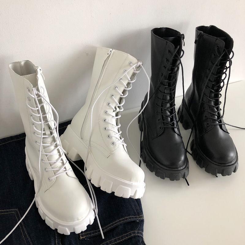 Yeni Orta Buzağı Çizmeler Kadın Sonbahar Kış Moda Dantel-up Bayanlar Chelsea Fermuar Botas Mujer Çizmeler Spor Platformu Topuk Bayan Ayakkabıları