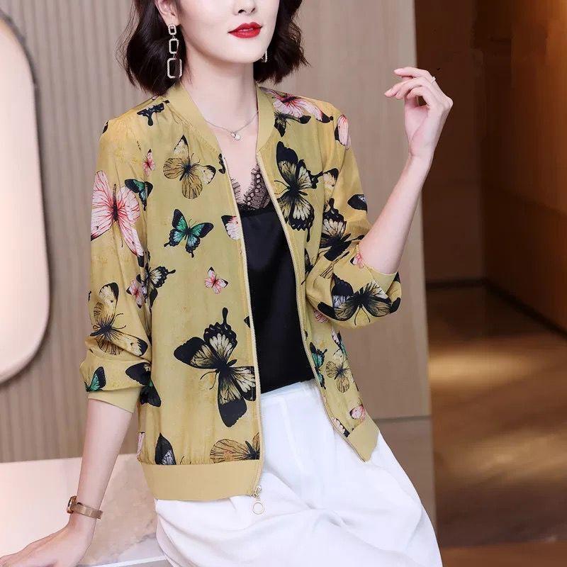 Loose Jacket Large Size Sun Protection Clothing Summer Women's Chiffon Print Baseball Uniform Short Jacket