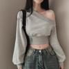 Kapuzenpullover mit schrägem Halsausschnitt und schulterfreiem Schnitt für Damen, lockeres, besticktes kurzes Oberteil für den Herbst mit freiliegendem Bauchnabel