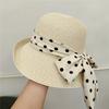 2026 Summer Women Straw Hat Dot Ribbon Pearl Flat Top Wide Brim Sun Hat Travel Beach Lady Panama Cap GIFT