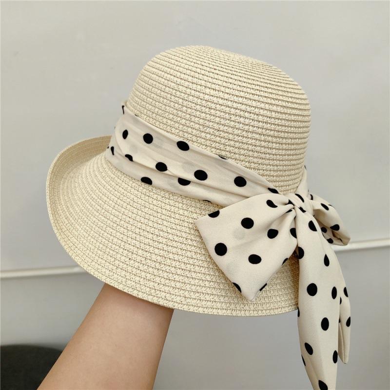 2026 Summer Women Straw Hat Dot Ribbon Pearl Flat Top Wide Brim Sun Hat Travel Beach Lady Panama Cap GIFT