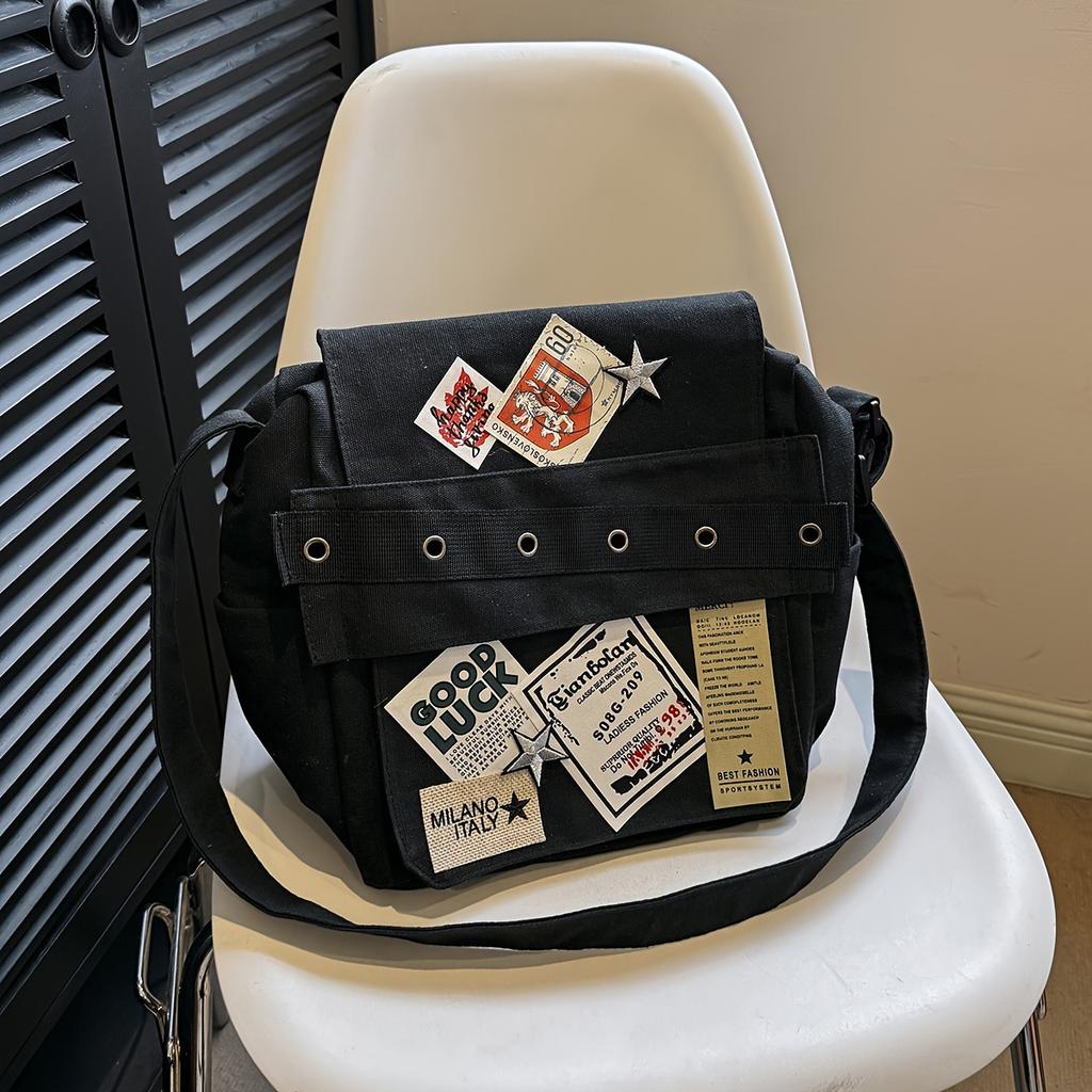 Retro Stern Aufnäher Crossbody Tasche für Damen - Verstellbarer Riemen Faltbare Tragetasche mit Reißverschluss, zum Einkaufen & Reisen für Damen & College-Studenten