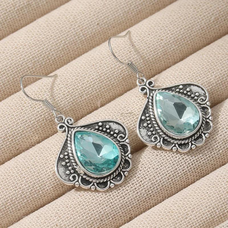 Exquisite Retro Waterdrop Blue Synthetic Zirconia Pendant Earrings for Women's Elegant Jewelry Accessories Fit for Banquet Gifts