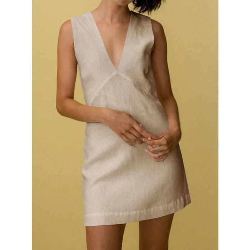YYFS Women's Fashion Summer Spring Solid Color Print Sleeveless V-Neck Loose Waistline Casual Dresses