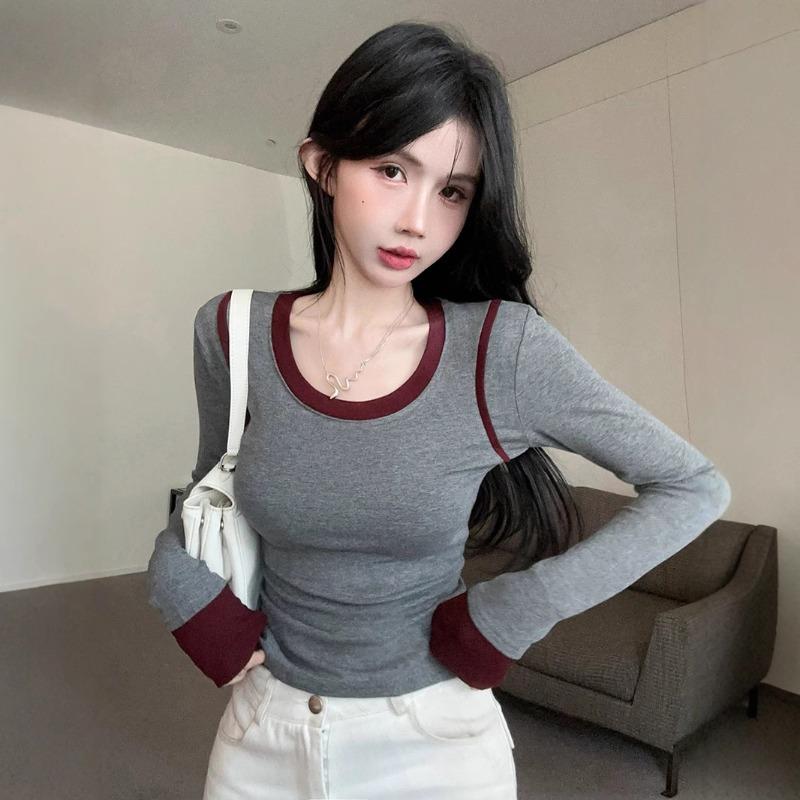 Ins Sexig Kryddig Rundhalsad Matchande Färg Långärmad T-shirt Höst Ny All-pass Formande Pullover Baslinne Topp