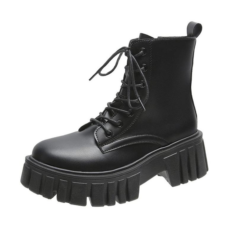 2022 Damen Weiße Stiefeletten PU-Leder Dicke Sohle Schnürstiefeletten Damen Herbst und Winter Schuhe mit dicker Sohle Damen