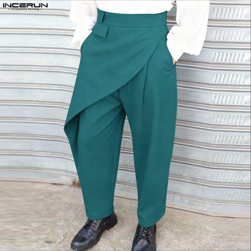INCERUN Herren Hose mit elastischem Bund hinten, lässig, lang, vorne mit Lagen, Haremshose