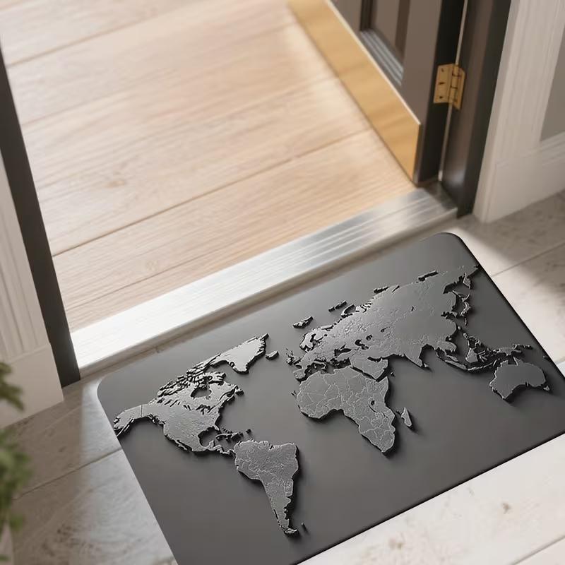 World Map Door Mat Anti Slip and Machine Washable Home Bedrooms Living Rooms Kitchens Ocean Continent Style Design Carpet