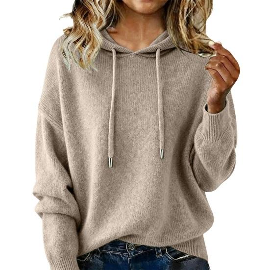 Women Sweater Hooded Adjustable Drawstring Long Sleeve Knitting Tops Loose Fit Solid Color Pullover Tops
