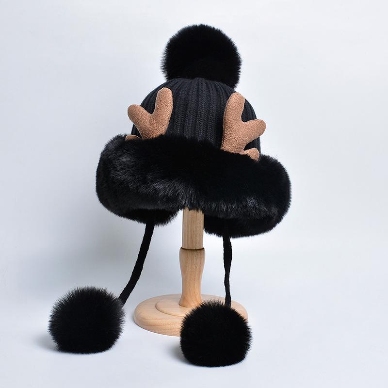New Trendy Cute Ears Plush Winter Hats Women Beanies Deer Antler Fur Pompom Knit Bonnet Fluffy Winter Keep Warm Cap Bomber Hats