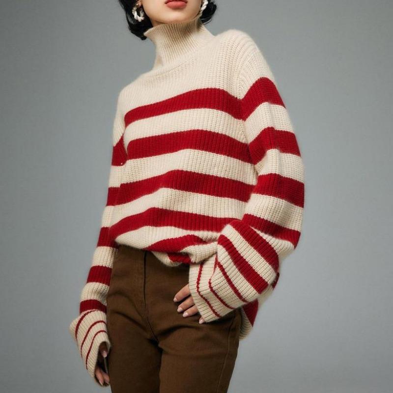 Pull ample à col mi-haut et rayures tricotées pour femme, automne et hiver