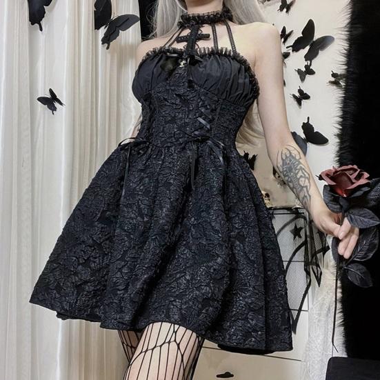 Women's Sleeveless Gothic Lace Dress Vintage Corset Halter Swing Cocktail Dress Victorian Style Black Lolita Punk Dress