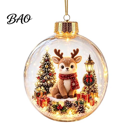 Transparent Holiday Tree Pendants Glowing Christmas Story Ornament, Mini Scene In Ball with Warm LED 3D Acrylic Hanging Baubles Light, Clear