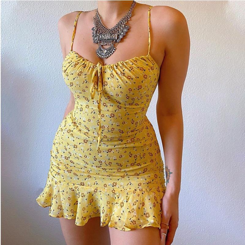 Summer Sleeveless Sexy Floral Prined Suspender Dress Fashion Elegant Slim Fit A-line Party Short Dress Sweet Lace-up Beach Holiday Clothing