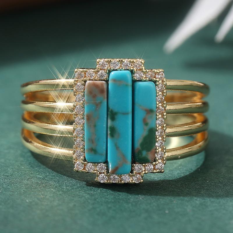 Ethnischer Intarsien-Ring für Damen mit weißem CZ und Imitationstürkis, Vintage-Goldfarbe, Geometrisch, Tägliches Tragen, Party-Schmuck, Jahrestagsgeschenk