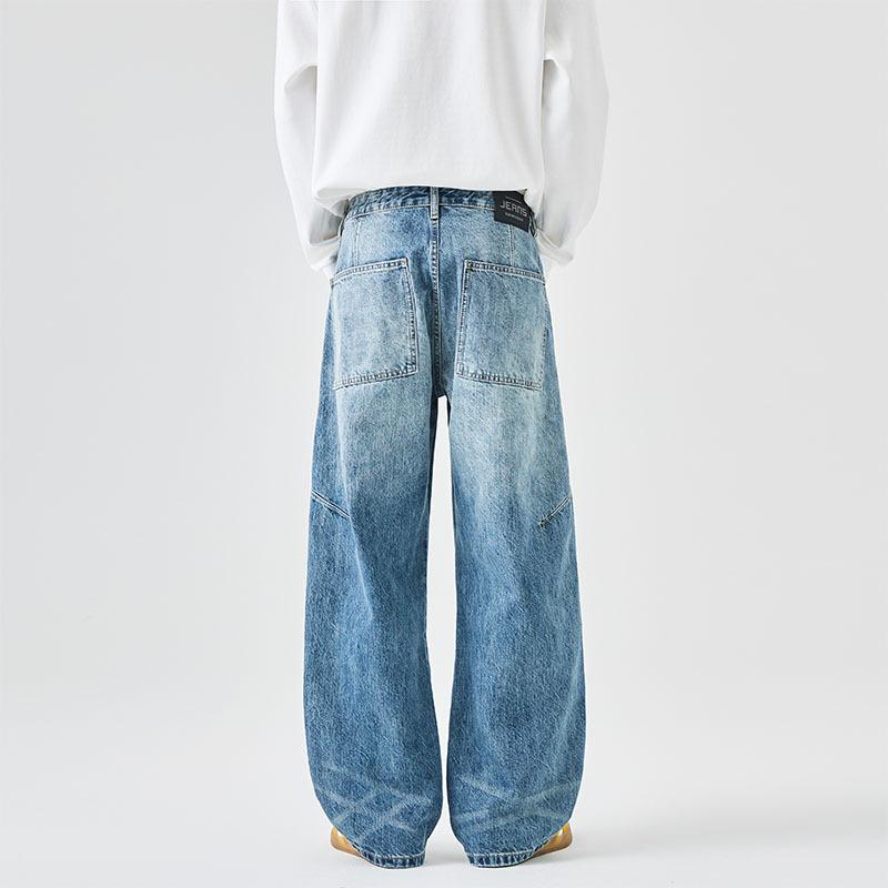 Blue washed trendy jeans men's trendy splicing loose straight American retro wide-leg pants men's wholesale