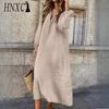 HNXC Women's Fashion Spring Autumn Solid Color Print Long Sleeve High Waist Casual Dresses
