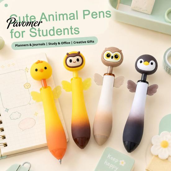 Cute Animal Pens for Students Ballpoint Pen, 0.7mm Smooth Writing Retractable Gel Pens, Owl/Chick/Penguin/Honeybee Pen School Office Stationery
