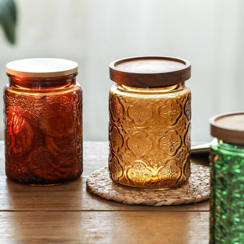Embossed Glass Storage Jar For Candies With Wooden Lid Airtights Seal For Kitchen Decoration