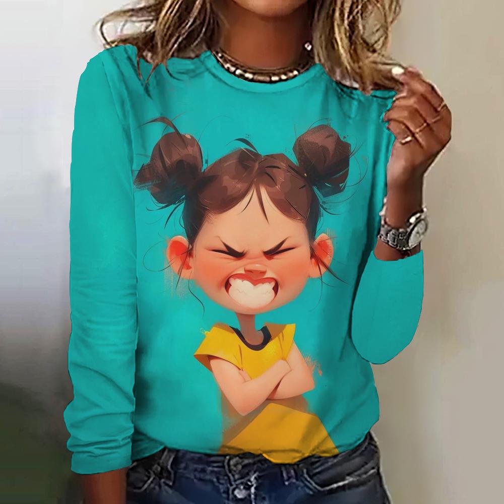 Women's Funny Girl Printed T-shirt O-neck Long Sleeve Solid Color Clothes Simple Pullover New Character Printed Long Sleeve