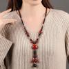 GEMCHIC Women's Ethnic Style Red Fish Agate Sweater Necklace Long Beaded Pendant Chain Chinese Vintage Jewelry