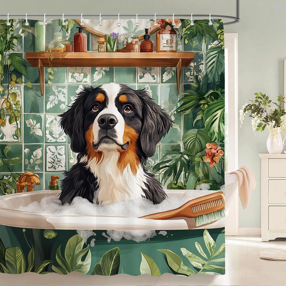 Nordic Style Flowers Leaves Animals Shower Curtain Cat and Dog Printed Bathroom Bath Curtain Home Decoration Curtain With Hooks