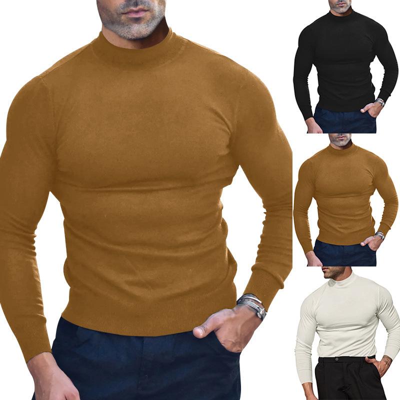 Men's Autumn/Winter Solid-Colour Long-Sleeved T-Shirt in Wool Blend Men's Base Layer Top with Close-Fitting Semi-Round Neck