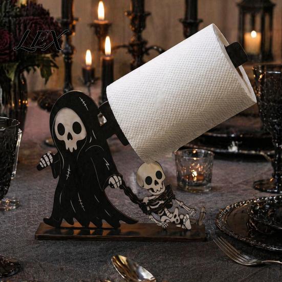 Halloween Party Supplies Wooden Napkin Holder, Ghost Pumpkin Skeleton Cat Bat Tissue Dispenser, Waterproof Solid Wood Base Tabletop Organizer