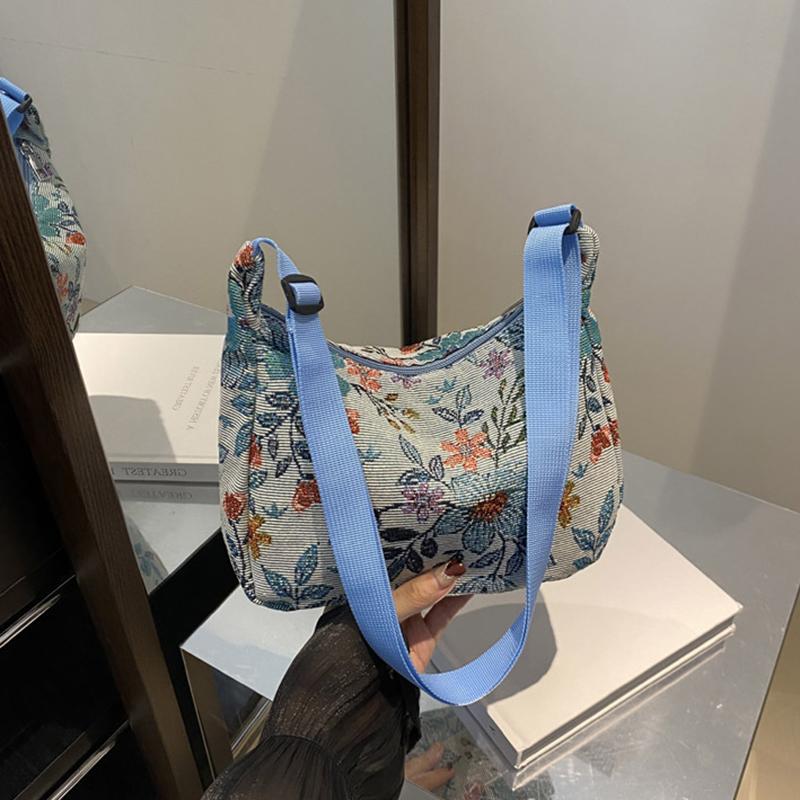 Vintage Floral Print Large Capacity Shoulder Bag with Adjustable Strap Stylish Women’s Mixed Colors Nylon Crossbody Bag AVE