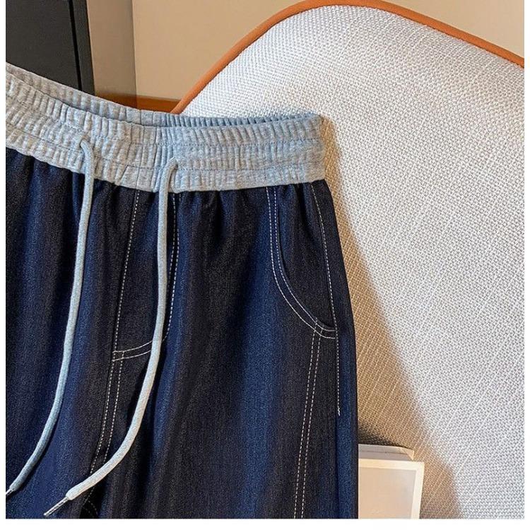 Elastic Drawstring High Waisted Wide Leg Jeans for Women Straight Leg Oversized Loose Casual Pants