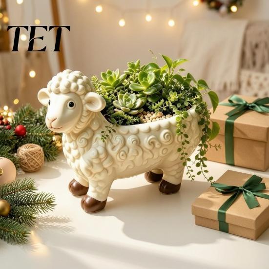 Indoor Outdoor Gardening Decor Curly Sheep Planter Pot, Resin Cute Lamb Flower Decorative Whimsical Patio Plant Container Animal Pot for Succulents