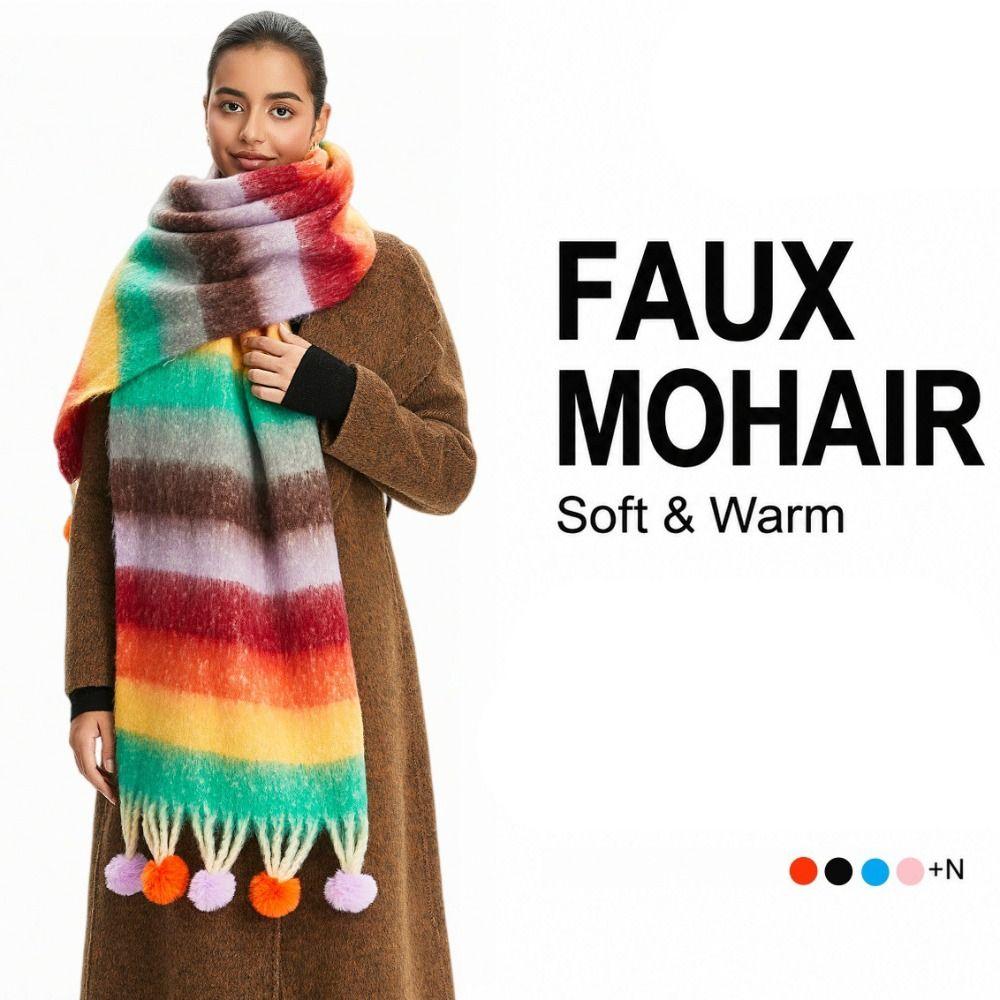 Mohair Rainbow Tassel Shawl Rabbit Fur Ball Women Cape Retro Plaid Wool Scarf Student