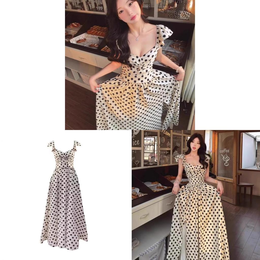 Polyester French Polka Dot Dress For Summer Beach Vacation With Short Princess Sleeves And Slim Fit