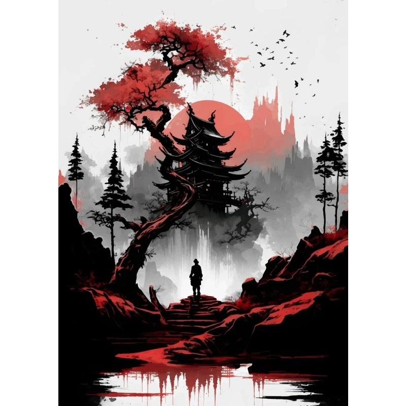 Japanese Natural Landscape Mountain Temple Canvas Painting Red Black Posters Vintage Art Wall Prints for Room Home Decor