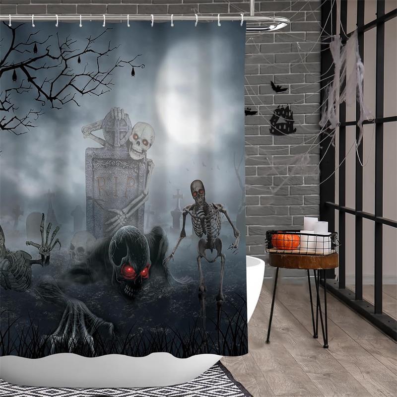 Halloween Shower Curtain Funny Spooky Pumpkin Skull Bat Flower Plant Night Forest Bath Curtains Home Bathroom Decor With Hooks