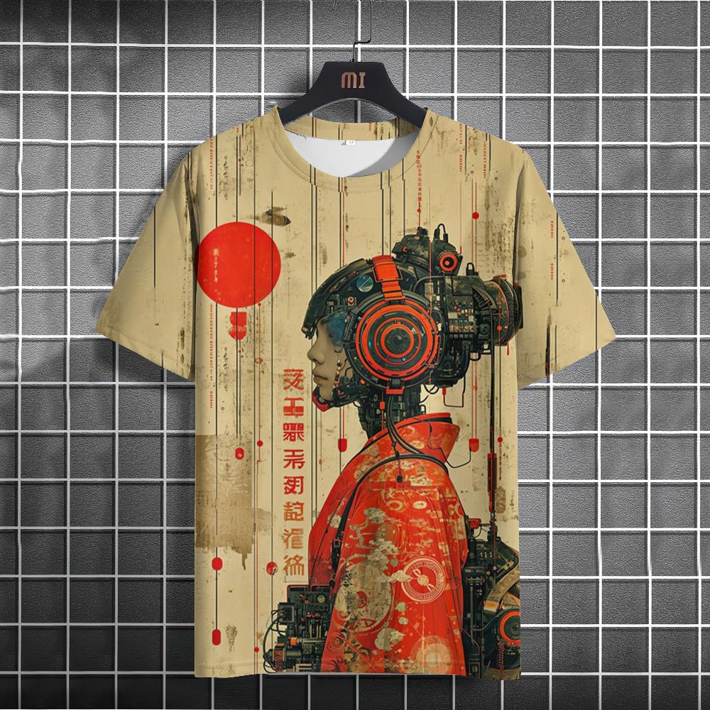 Japanese T-Shirt For Men Mechanical Character Graphic T Shirts Short Sleeve Printing Tees Outdoor Oversized Men's Clothing Tops