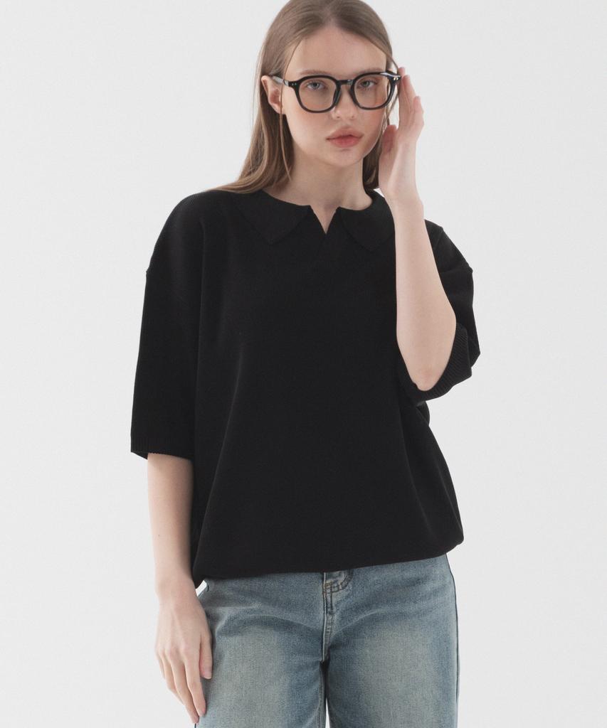 PIANER Classic Open Collar Short Sleeve Knit (Black)