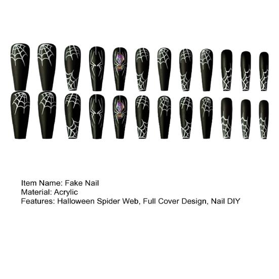 1 Set Cadılar Bayramı Örümcek Ağı Sahte Tırnaklar Yapıştırıcı ile Gotik Siyah Uzun