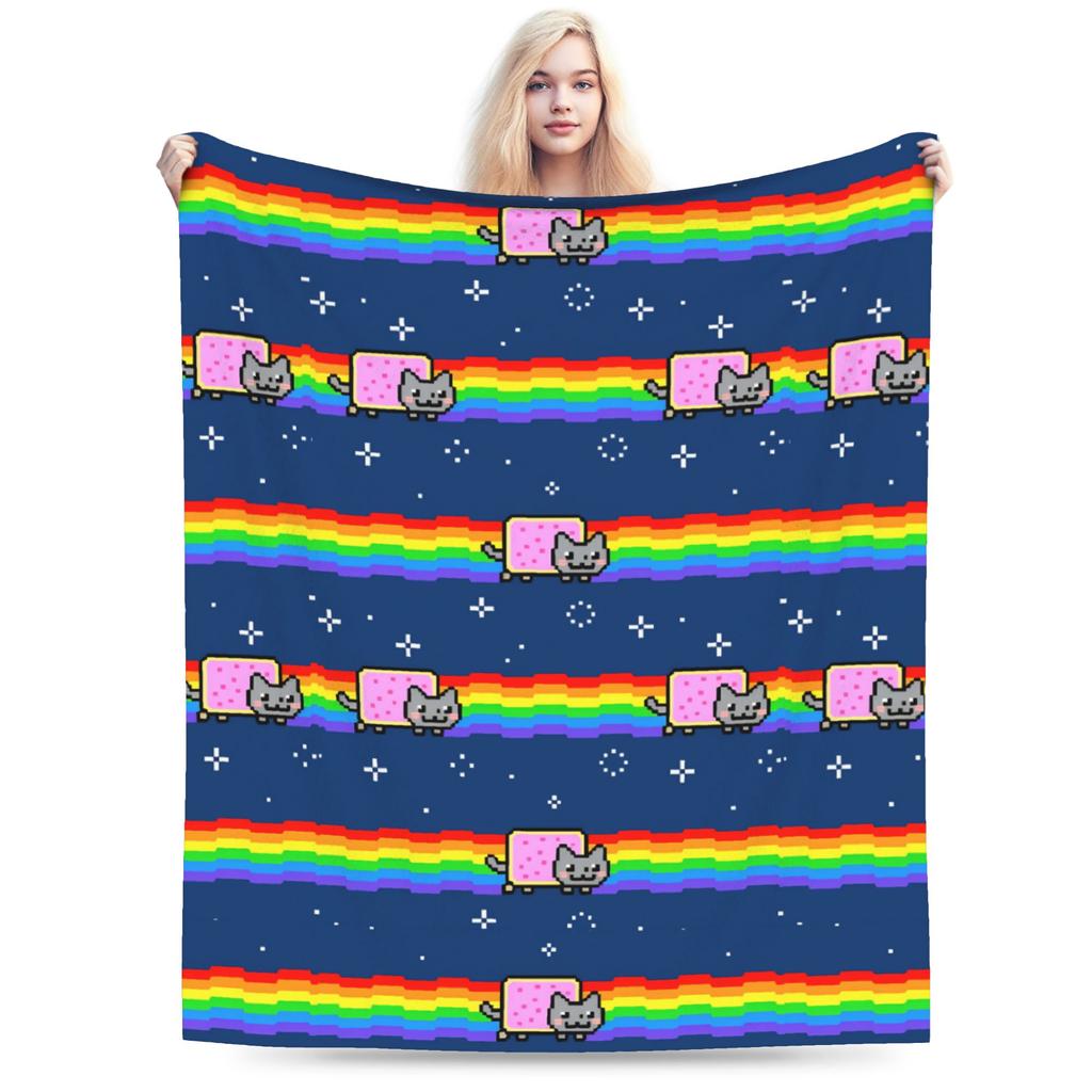Cat Rainbow Pixel Space Nyan Super Warm Blankets Children Plush Throw Blanket Novelty Couch Chair Flannel Bedspread Sofa Bed