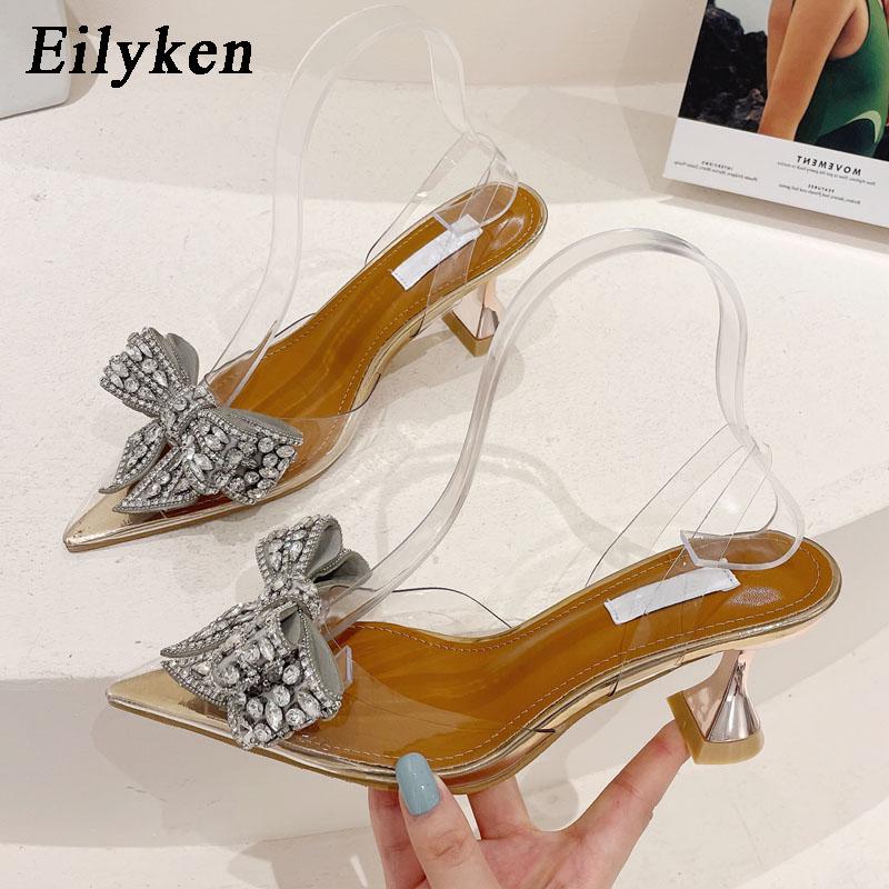 Eilyken Spring Crystal Sequined Bowknot Silver Women Pumps Low High Heels PVC Transparent Sandals Party Wedding Prom Shoes