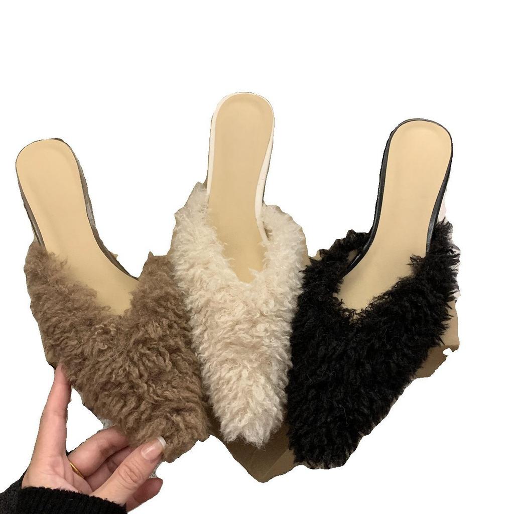 Design Sense Niche Temperament Pointed Head Fluffy Half Drag French High Heels Fluffy Shoes Autumn and Winter Wear Women's Shoes Slippers