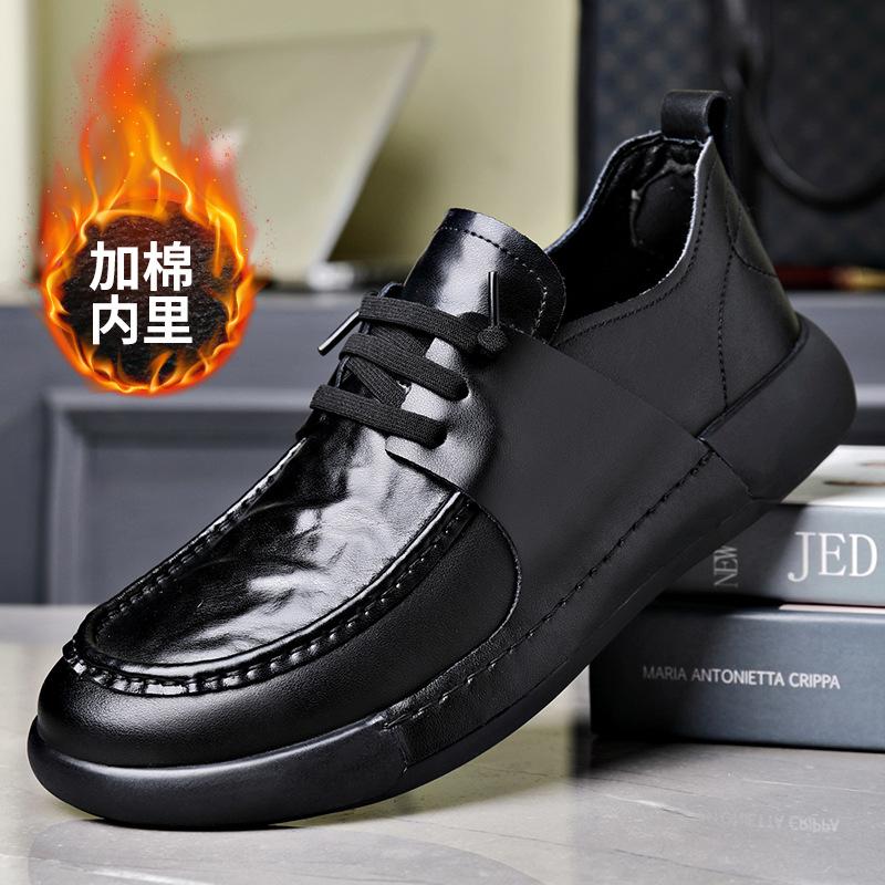 FashionAutumn Winter Cow Leather Men's Dress Shoes Fashion Casual Men's Round Toe Lace-up Shoes Black New Designer Loafers Male