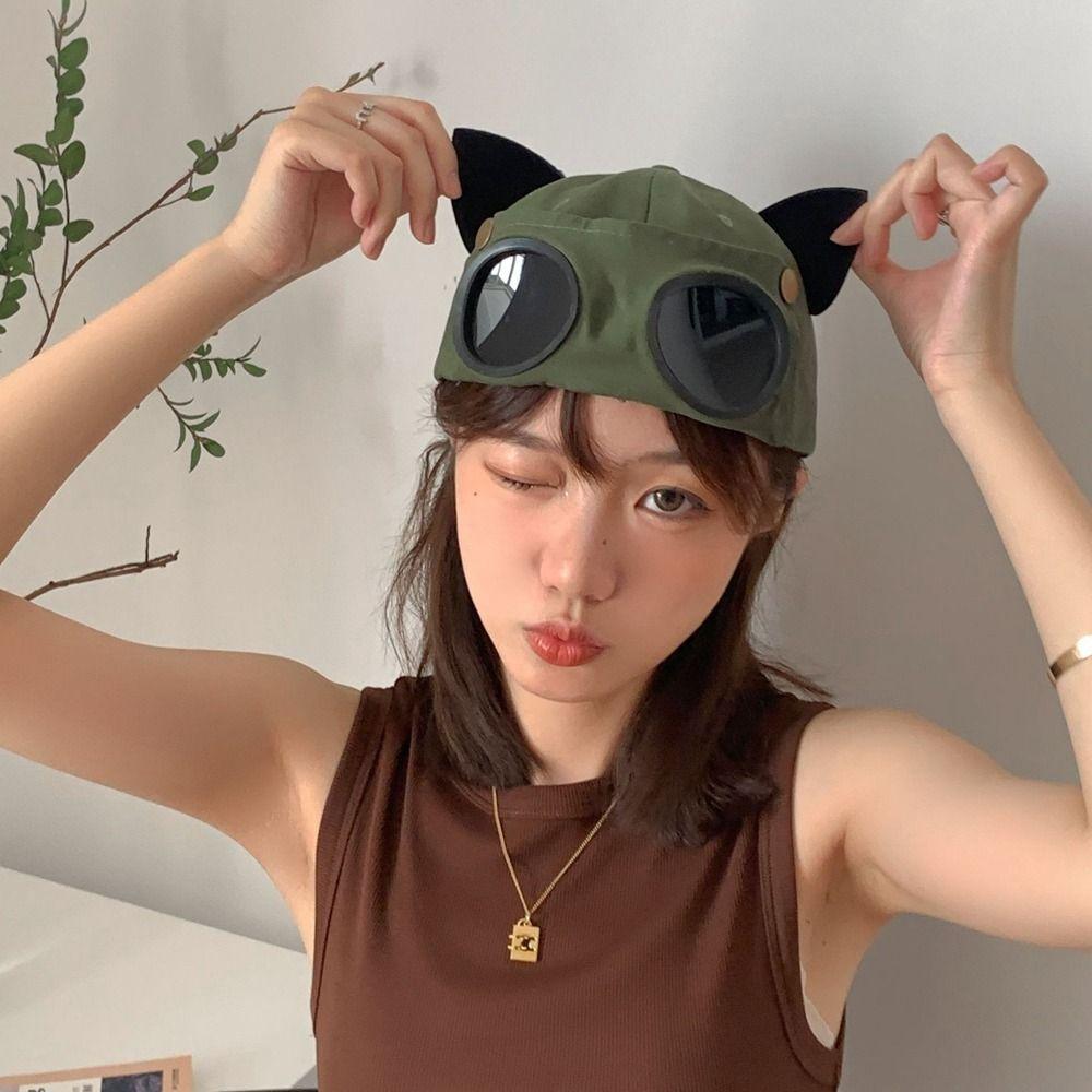 Cat Ear Streetwear Adjustable Peaked Cap Korean Style Sun Visor Pilot Hat Women Baseball Cap