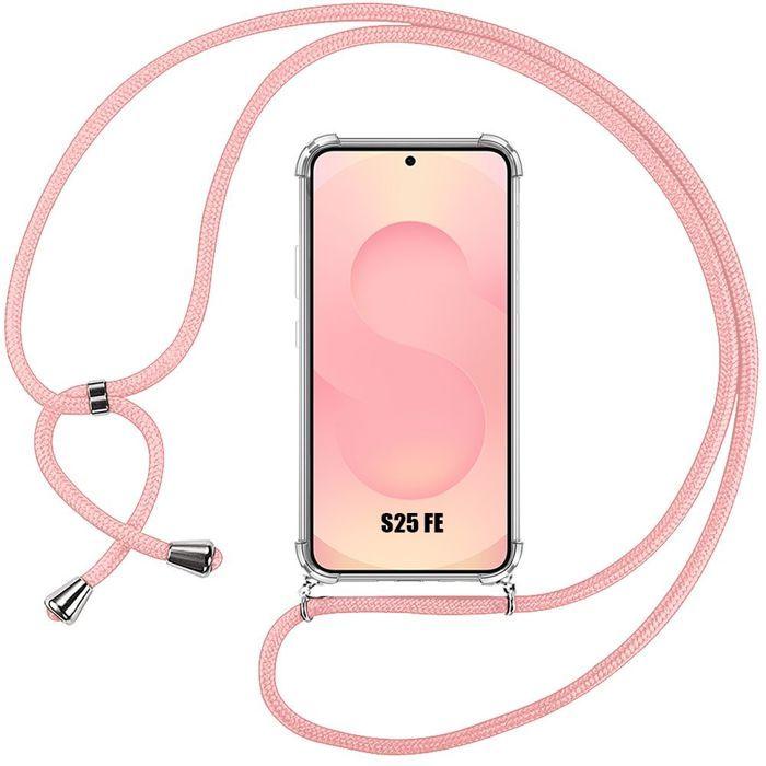 Coque pour Samsung Galaxy S25 FE, Protection Antichoc Coins Renforcés avec Cordon Rose Réglable