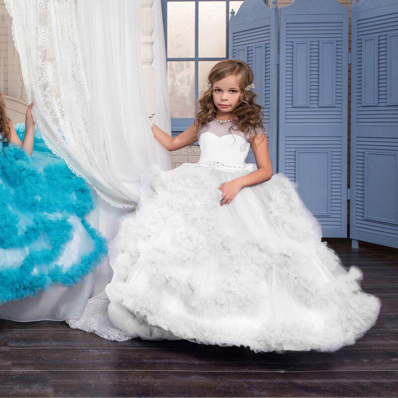 Nyankommet Flower Girl Communion Dress blondekjoler søt jente elegant rosa bryllupsfest ballkjole