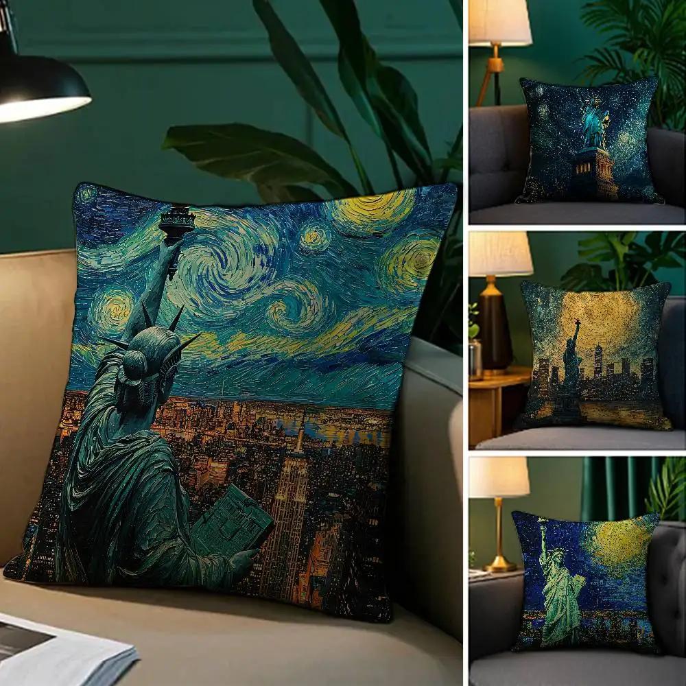 Painting Statue Of the Statue of Liberty Pillow Case Comfort Sofa Bed Silky Elegant Invisible Zipper Decorative Cushion Cover