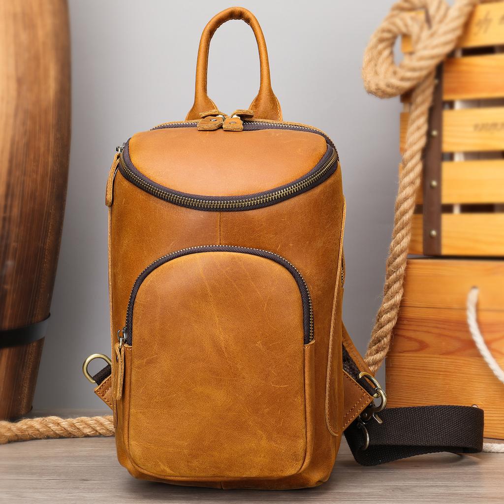 Crazy Horse Leather Men's Chest Bag Vintage Large Capacity Shoulder Crossbody Head Layer Cowhide Male Genuine Leather Chest Bag