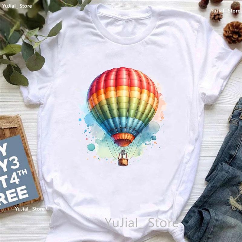 Färgglad Varmluftsballong Tryckt T-shirt Flickor Regnbåge Mode T-shirt Unisex Kläder 2024 Sommar Kortärmad T-shirt Kvinna