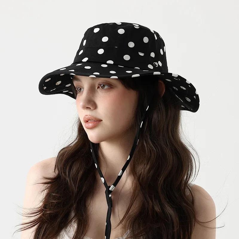 New Ins Black Dot Bucket Hats Women Versatile Sweet Lace-Up Fisherman'S Hat Summer Big Brim Sun Protection Uv Protection Sun Hat